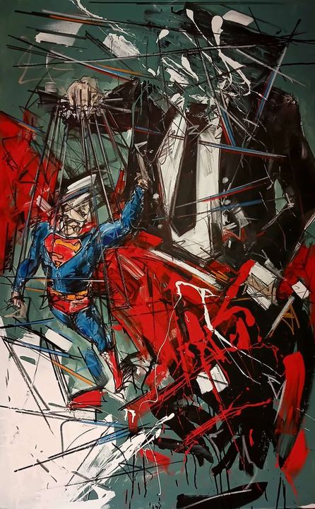 Painting by Marco Tamburro: a figure in a Superman costume hanging on strings, on green.