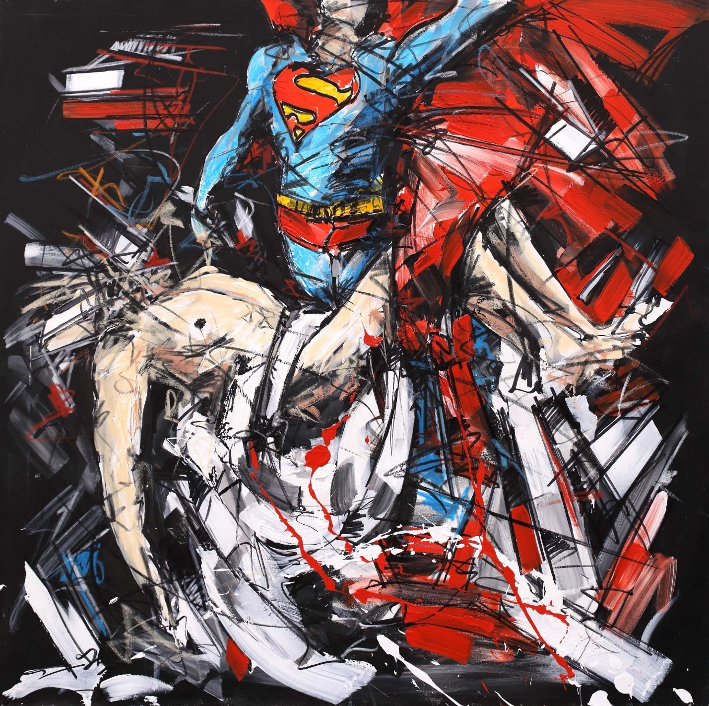 Painting by Marco Tamburro: a figure in a Superman costume carrying a pale body, red, white and blue strokes on black.