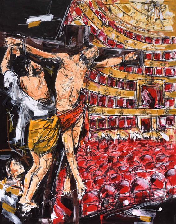 Painting by Marco Tamburro: a crucifixion in a red theatre.
