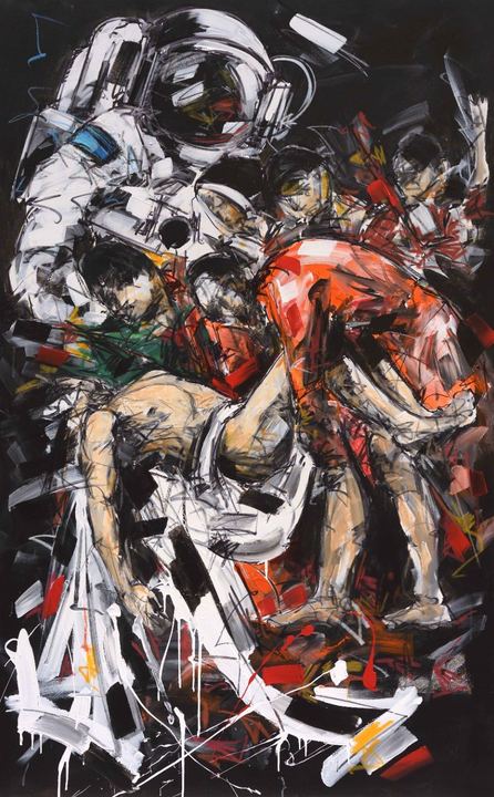 Painting by Marco Tamburro: an astronaut above figures carrying a body.